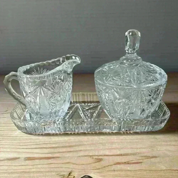 Mid Century Cut Crystal Etched Tray With Matching Creamer And Sugar Bowl W/Lid - Picture 9 of 9
